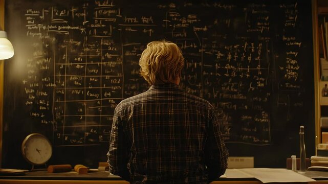 Man contemplates complex equations on a chalkboard, illuminated by soft light.