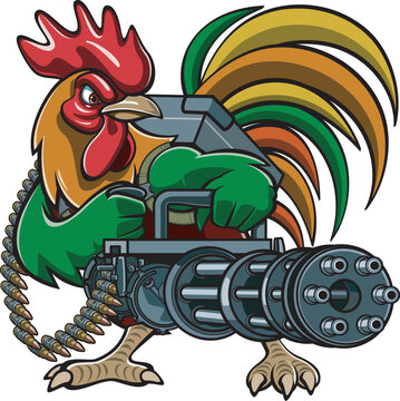 Cartoon style rooster holding six-barrel rotary machine gun 