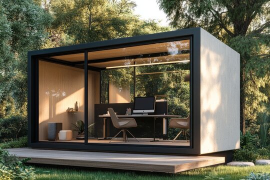 Fototapeta Modern, secluded workspace nestled amidst trees