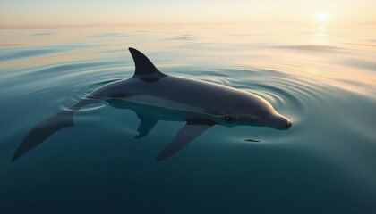 Fototapeta premium Dark Gray Dolphin Swimming In Calm Blue Ocean At Sunrise