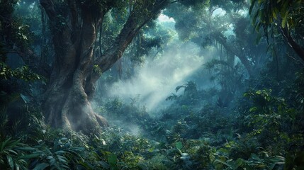 Obraz premium Misty Jungle Path, Sunlight, Lush Foliage, Tropical Background, Nature Scene