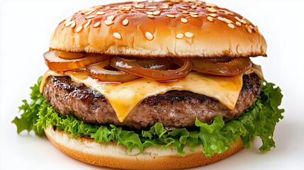 Juicy burger with melted cheese, grilled onions, and fresh lettuce on sesame seed bun, perfect for delicious meal