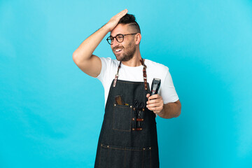 Barber man in an apron has realized something and intending the solution