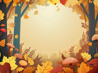 Autumn background with forest, red and yellow falling leaves, mushrooms and copy space for text or illustration.