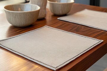 Two square placemats on a wooden table.