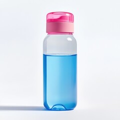 Clear plastic water bottle with a vibrant blue interior and a pink lid