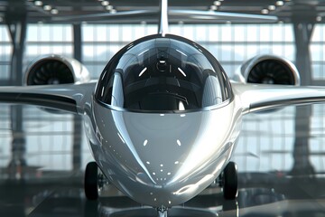 Exploring the Future of Flight: A Sleek, Futuristic Aircraft Design in a Modern Hangar Setting.  Witness the Innovation and Engineering Marvel of this Advanced Aircraft Prototype.