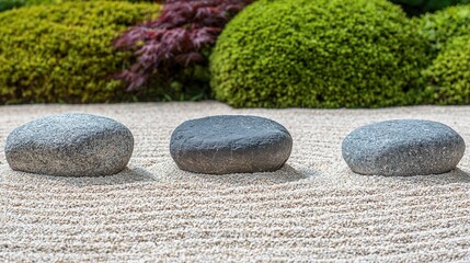 Three smooth stones rest on meticulously raked gravel, surrounded by green bushes in a serene Japanese Zen garden.