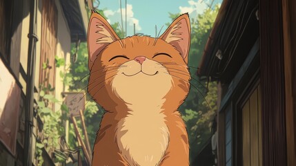 Animated happy ginger cat outdoors