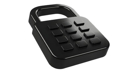 Sleek black padlock with a numeric keypad, suggesting secure digital access. 3D icon, plastic illustration style on transparent or white background