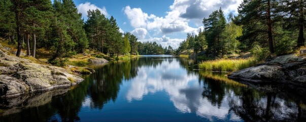 Scenic view of lake in pine forest with summer growth concept. A serene lake surrounded by lush greenery and vibrant clouds.