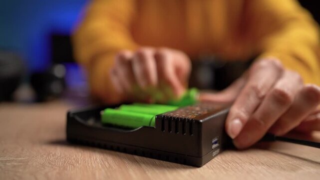 Woman holding four AA batteries in charger. Take-out rechargeable batteries from battery charger.