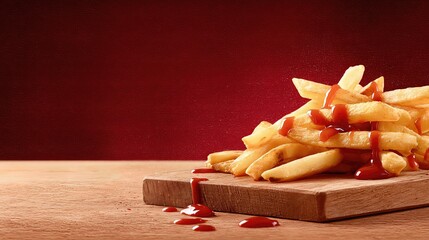 crispy tasty potato fries chips with red ketchup sauce served on a wooden board . aspect ratio 16:9