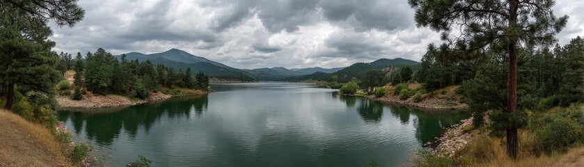 Fototapeta premium Scenic view of lake in pine forest with mountain and park concept. A serene lake surrounded by mountains and lush greenery.