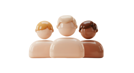 Three diverse 3D figures stand together, symbolizing unity and teamwork. 3D icon, plastic illustration style on transparent or white background