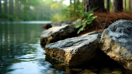 Scenic view of lake in pine forest beside nature park concept. Tranquil water scene with rocks and lush greenery in nature.