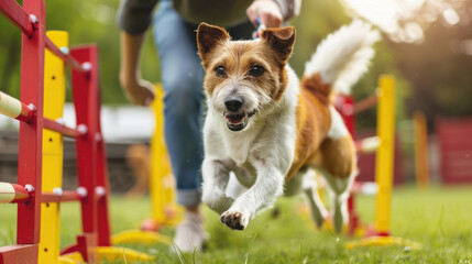 Energetic Dog Leaping Through Agility Course in Sunlit Park with Owner Encouragement and Vibrant Obstacles