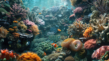 Vibrant Underwater Coral Reef Ecosystem with Diverse Marine Life and Colorful Coral Formations in Crystal Clear Ocean Waters