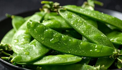 Close-up of snow peas with glistening water