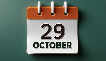Illustration of paper calendar with date 29 October. Day and month for birthday, anniversary or appointment