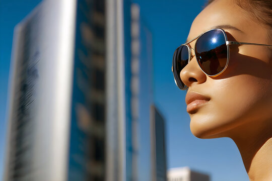 Confident woman in aviator sunglasses with reflection of buildings, urban scene, bright daylight