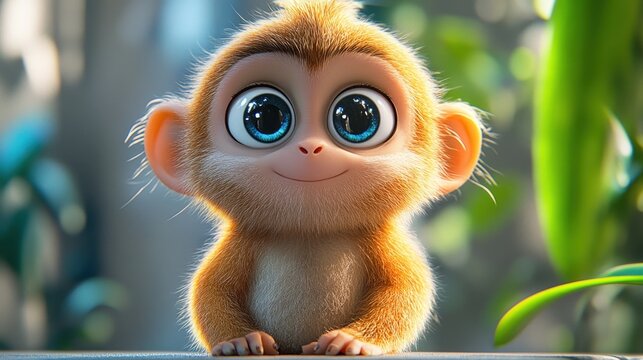 Adorable cartoon monkey big blue eyes soft fur