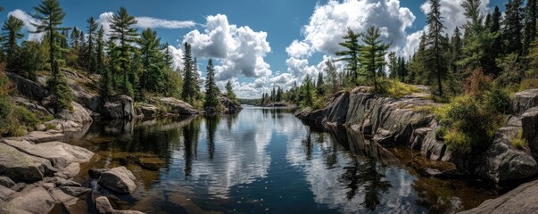 Scenic view of lake in pine forest with summer growth concept. Serene lake surrounded by lush trees and calm cloudy sky.