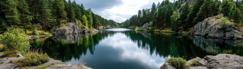 Scenic view of lake in pine forest with summer growth concept. Serene lake reflecting forest under a cloudy sky, nature's tranquility.