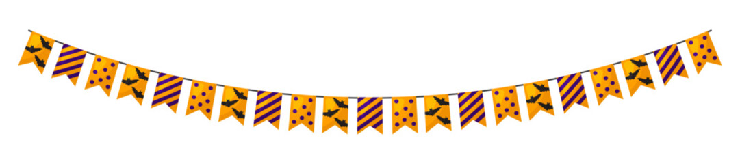 Colorful Halloween bunting flags with bat silhouettes and stripes in orange, purple and black. Isolated festive decoration. Vector illustration in cartoon style.
