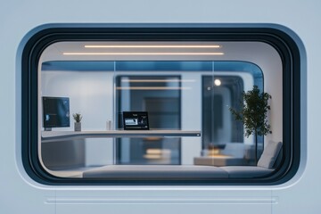 Fototapeta premium Futuristic, minimalist interior view through a large window