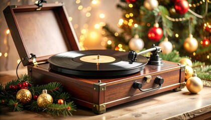 Vintage record player near christmas tree decorations.