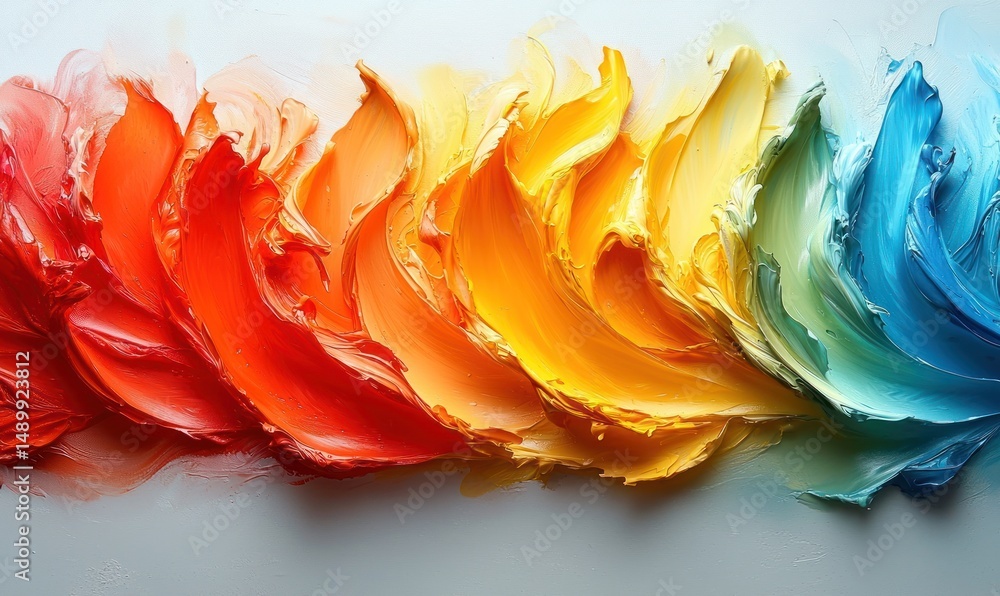 Poster vibrant spectrum of thick paint strokes, flowing seamlessly from red to blue, creating a dynamic and