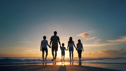 Silhouette of a family walking on the beach during sunset, holding hands with child in the middle, waves gently rolling in, peaceful and heartwarming scene