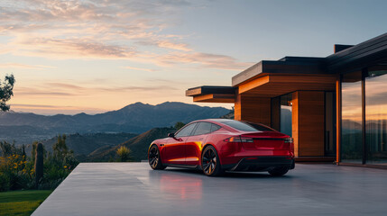 Naklejka premium Concept: Luxury living with sportscar on a modern house with scenic mountain range at sunset