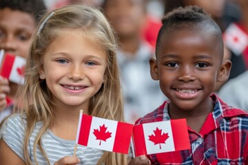 School children holding canadian flags celebrating canada day at school