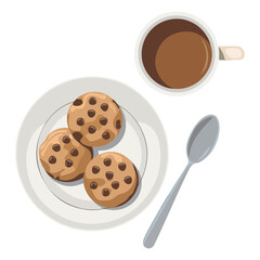 Chocolate cookies with coffee cup snack isolated vector illustration on white background