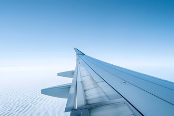 Airplane Wing Soaring Above Clouds: A Breathtaking View of the Sky from an Airplane Window, Showing the Wing's Structure and the Vast Expanse of White Clouds Below.  Air Travel's Majestic Perspective.