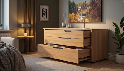 Light Wood Modern Dresser In Minimalist Bedroom Interior