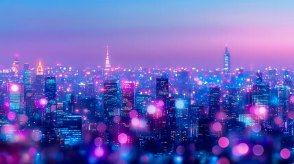Nighttime cityscape with vivid neon illumination
