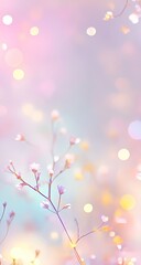 Fototapeta premium Delicate, pastel-toned floral image. Soft, light-pink and light-purple flowers on thin stems. Bokeh, glowing light in background