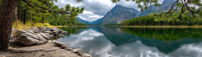 Scenic view of lake in pine forest with mountain and park concept. Scenic view of a tranquil lake surrounded by majestic mountains.