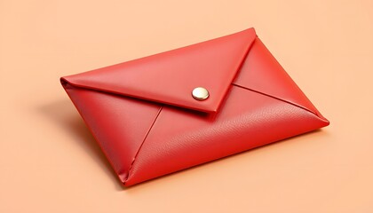 A vibrant red envelope  style leather pouch with a metallic snap button, on a peach  toned background. 