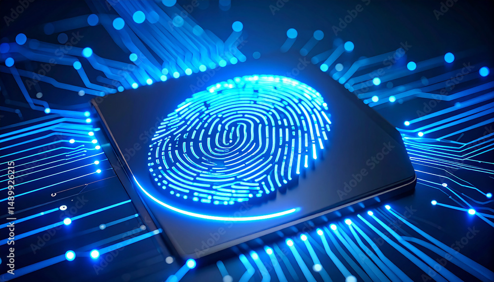 Aufkleber digital fingerprint: a captivating visual of a futuristic digital fingerprint, rendered in glowing l