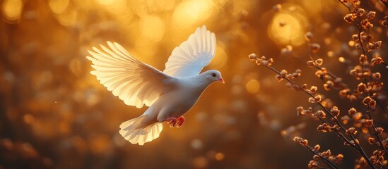 White Dove in Flight at Golden Hour, Soft Light and Warm Colors