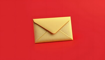 A golden  hued envelope placed on a vibrant red background, simple and eye  catching. 