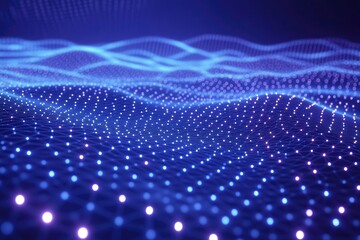 Abstract digital landscape of interconnected glowing dots.  Waves of vibrant blue and purple light form a textured surface