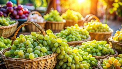 Farmers Market Grapes: Fresh Green Grapes in Baskets - High-Resolution Portrait Photography