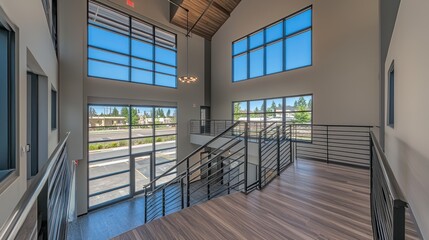 Obraz premium Modern office interior design spacious hallway with large windows and metal staircase