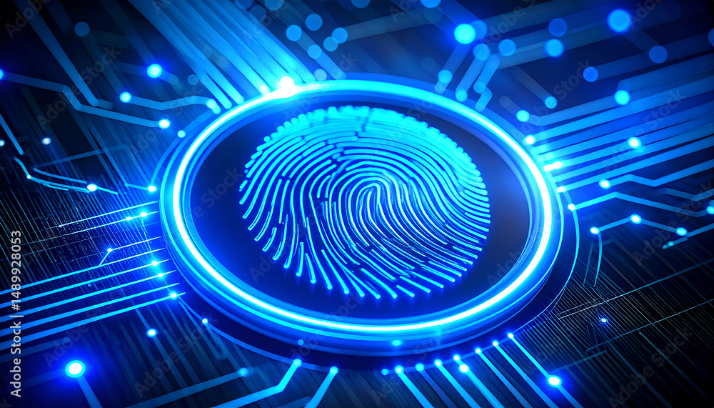 Poster digital security: an artistic representation of digital security, featuring a glowing fingerprint on