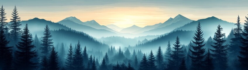 Obraz premium Misty Blue Mountain Range Sunrise Landscape